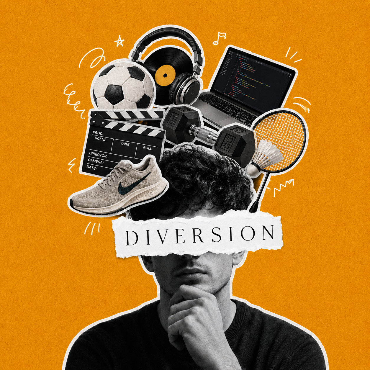 A collage of Sachin's hobbies — football, music, design, video, fitness, running and badminton — under the word DIVERSION